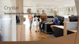  Presentation with corporation - PPT layouts having diverse-businesspeople-in-office-talking background and a mint green colored foreground