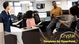  Presentation with corporation - PPT theme featuring diverse-businesspeople-in-office-talking background and a tawny brown colored foreground