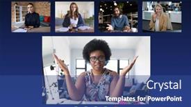  Presentation with social distancing - Colorful slide deck enhanced with diverse-businesswomen-and-businessman-waving backdrop and a ocean colored foreground