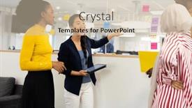  Presentation with corporation - Presentation theme having diverse-businesswomen-talking-and-brainstorming background and a soft green colored foreground