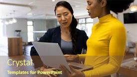  Presentation with corporation - Slide deck consisting of diverse-businesswomen-with-laptop-working background and a tawny brown colored foreground