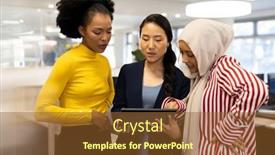  Presentation with corporation - PPT theme with diverse-businesswomen-with-tablet-working background and a tawny brown colored foreground
