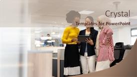  Presentation with corporation - Slide deck with diverse-businesswomen-with-tablet-working background and a mint green colored foreground