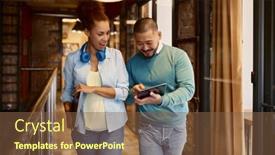  Presentation with coworking - Slide set having diverse-colleagues-talking-in-hallway background and a tawny brown colored foreground