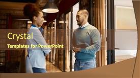  Presentation with coworking - Slides having diverse-colleagues-talking-in-hallway background and a tawny brown colored foreground