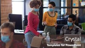  Presentation with face masks - PPT theme featuring diverse-colleagues-wearing-face-masks background and a tawny brown colored foreground