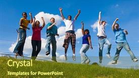  Presentation with diverse teens - Audience pleasing PPT theme consisting of diverse college students friends jumping backdrop and a tawny brown colored foreground