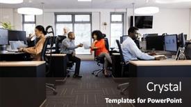  Presentation with working - Presentation theme having diverse-female-and-male-businesspeople background and a dark gray colored foreground