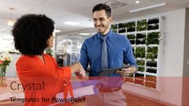  Presentation with corporation - Slide deck enhanced with diverse-female-and-male-businesspeople background and a red colored foreground