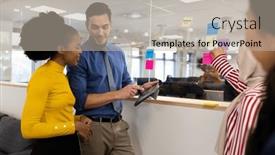  Presentation with corporation - PPT theme having diverse-female-and-male-businesspeople background and a mint green colored foreground