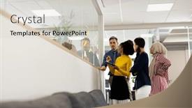  Presentation with corporation - Presentation featuring diverse-female-and-male-businesspeople background and a light gray colored foreground