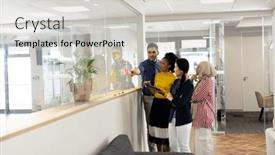  Presentation with corporation - Slides having diverse-female-and-male-businesspeople background and a light gray colored foreground