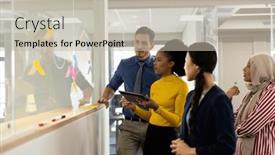  Presentation with corporation - PPT theme consisting of diverse-female-and-male-businesspeople background and a mint green colored foreground