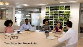  Presentation with corporation - PPT theme enhanced with diverse-female-and-male-businesspeople background and a coral colored foreground