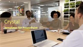  Presentation with corporation - Slide deck having diverse-female-and-male-businesspeople background and a coral colored foreground