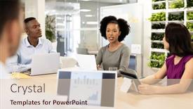  Presentation with corporation - Presentation theme featuring diverse-female-and-male-businesspeople background and a lemonade colored foreground