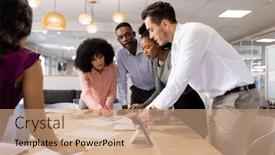  Presentation with corporation - Presentation having diverse-female-and-male-businesspeople background and a coral colored foreground