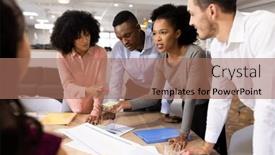  Presentation with corporation - PPT layouts with diverse-female-and-male-businesspeople background and a coral colored foreground