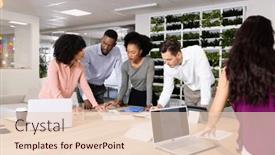  Presentation with corporation - Presentation theme featuring diverse-female-and-male-businesspeople background and a lemonade colored foreground