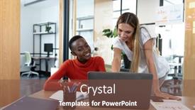  Presentation with office room - Slide deck having diverse-female-business-colleagues-looking background and a tawny brown colored foreground