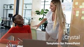  Presentation with discussion room - Slide deck enhanced with diverse-female-business-colleagues background and a violet colored foreground