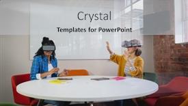  Presentation with virtual work - Audience pleasing slide deck consisting of diverse-female-colleagues-sitting backdrop and a light gray colored foreground