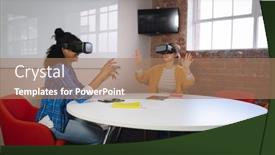  Presentation with virtual work - Amazing presentation design having diverse-female-colleagues-sitting backdrop and a coral colored foreground