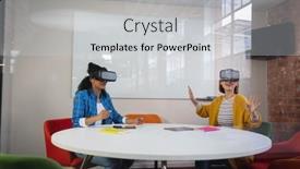  Presentation with virtual work - PPT theme with diverse-female-colleagues-sitting background and a light gray colored foreground