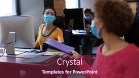  Presentation with face masks - Beautiful PPT theme featuring diverse-female-colleagues-wearing-face backdrop and a violet colored foreground