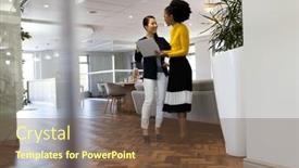  Presentation with corporation - Presentation design featuring diverse-female-colleagues-working background and a tawny brown colored foreground