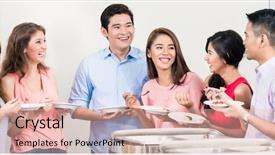  Presentation with group - Beautiful presentation design featuring diverse friends enjoying the buffet backdrop and a lemonade colored foreground