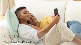  Presentation with lockdown - Presentation featuring diverse-gay-male-couple-sitting background and a soft green colored foreground