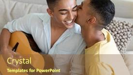  Presentation with gay - Colorful presentation enhanced with diverse-gay-male-couple-sitting backdrop and a tawny brown colored foreground