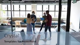  Presentation with face masks - PPT layouts enhanced with diverse-group-of-business-colleagues background and a light blue colored foreground