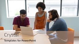  Presentation with diverse business people - Cool new PPT theme with diverse-group-of-business-people backdrop and a coral colored foreground