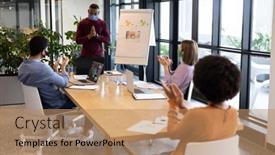  Presentation with diverse business people - PPT theme featuring diverse-group-of-business-people background and a coral colored foreground