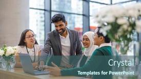  Presentation with diverse business people - PPT theme having diverse-group-of-business-people background and a ocean colored foreground