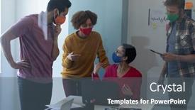  Presentation with face masks - PPT layouts enhanced with diverse-group-of-colleagues-wearing background and a dark gray colored foreground