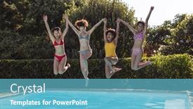  Presentation with summer party - Beautiful slide deck featuring diverse-group-of-female-friends backdrop and a light blue colored foreground