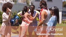 Presentation with summer party - Slides consisting of diverse-group-of-friends-greeting background and a coral colored foreground