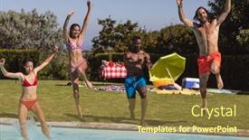  Presentation with summer party - Theme enhanced with diverse-group-of-friends-having background and a tawny brown colored foreground