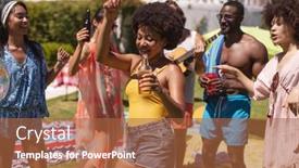  Presentation with summer party - Colorful PPT theme enhanced with diverse-group-of-friends-having backdrop and a red colored foreground