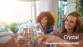  Presentation with dinner - Slide deck consisting of diverse group of friends smiling laughing as they cheers toast drinks glasses around the dinner table background and a tawny brown colored foreground
