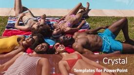  Presentation with women equality group of diverse - PPT theme consisting of diverse-group-of-friends-sunbathing background and a red colored foreground