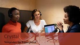  Presentation with microphones - Colorful slides enhanced with diverse-group-of-happy-female backdrop and a red colored foreground