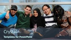  Presentation with diverse students - Cool new slides with diverse group of students smiling by a window backdrop and a ocean colored foreground