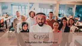  Presentation with director - Slide deck with diverse-group-of-successful-business background and a coral colored foreground