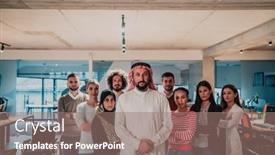  Presentation with director - Slides having diverse-group-of-successful-business background and a coral colored foreground