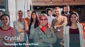  Presentation with diverse business people - PPT theme enhanced with diverse-group-of-successful-business background and a ocean colored foreground