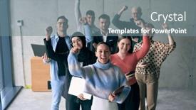  Presentation with fulfillment - Slide set with diverse-group-of-successful-businessmen background and a  colored foreground